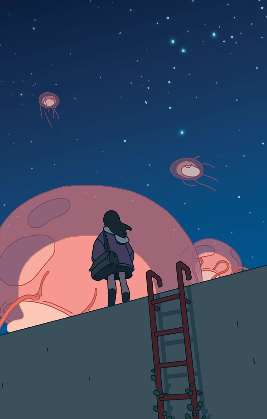 Girl watching sky jellyfish at night