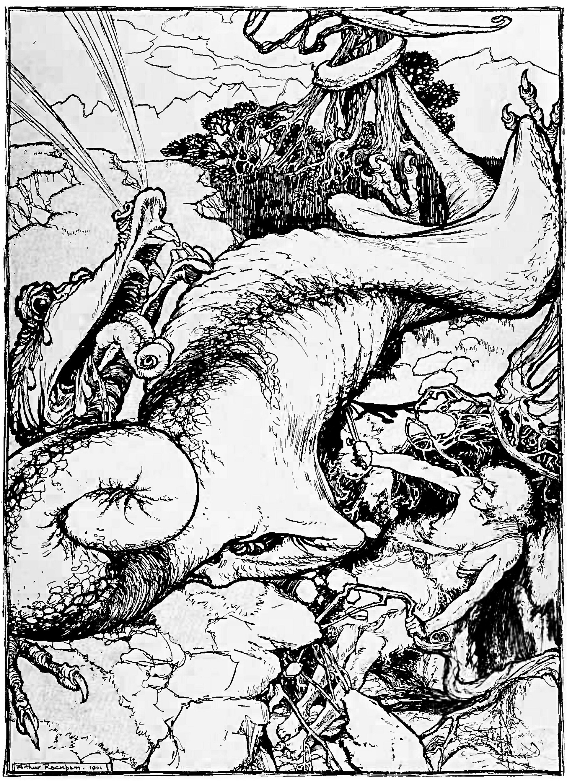 Sigurd pierced him with his sword (1901) by Arthur Rackham